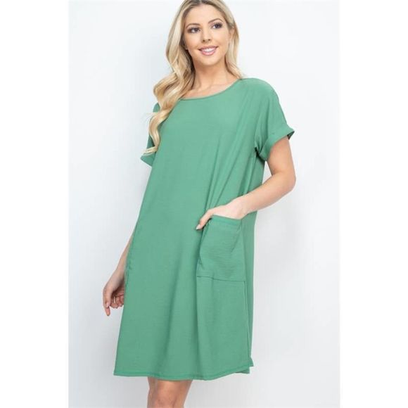 Boutique Dresses & Skirts - Green Rolled Sleeve Shift Dress with Pockets